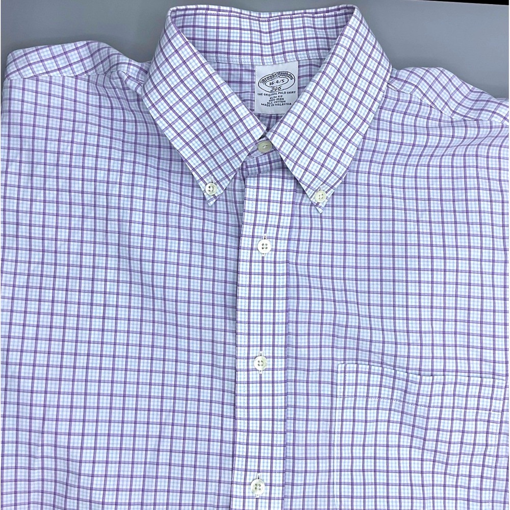 Brooks Brothers 346 Mens Slim Fit Non-Iron Cotton Shirt Purple Check 16-34/35 L